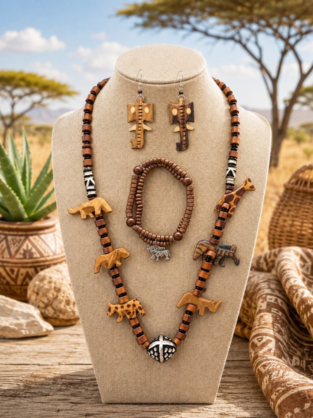 Vintage African Handmade Wooden Safari Animal Jewelry Necklace Bracelet Earrings
